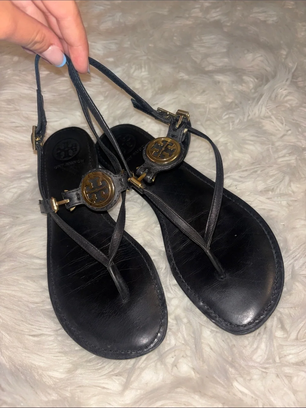 Tory Burch Black Leather Thong Sandals with Gold Logo Medallions